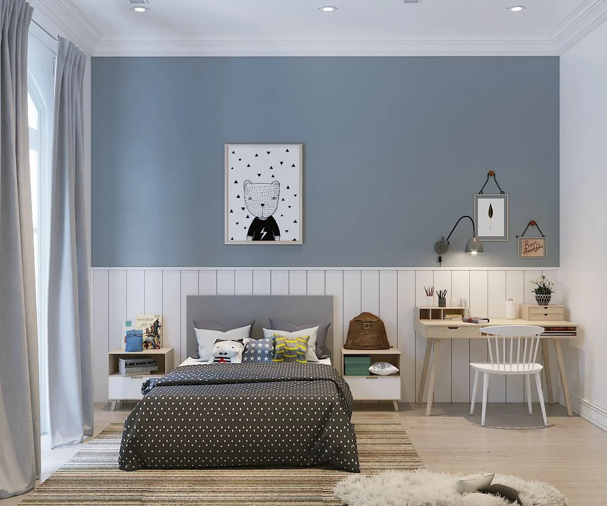 Phòng ngủ cho bé với tông màu xanh mát và tích cực